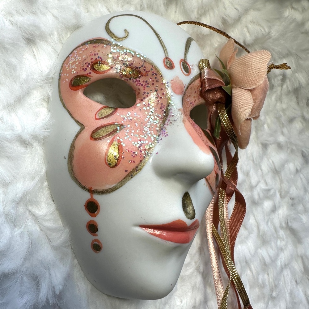 Vintage Glitter Face Masquerade Mask Ornament with Pink and Gold Accents